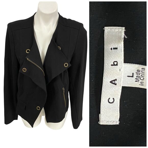 Cabi Blazer Womens Large Style 615 Black Asymmetric Ponte Knit Moto Jacket Work - Picture 1 of 16